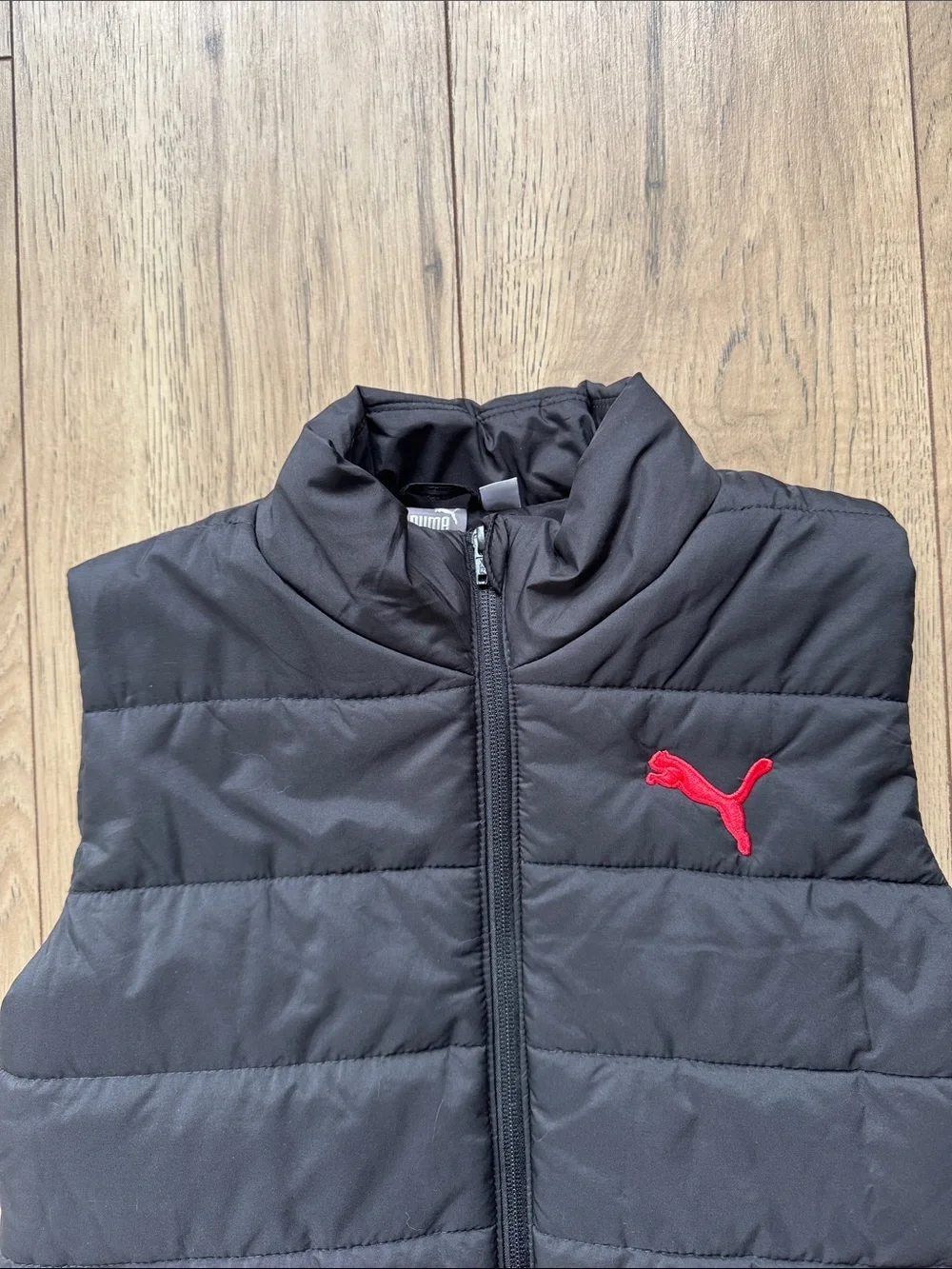 Puma Puffer Vest Youth Boys Medium 10-12 Black Red Full Zip Sleeveless Jacket